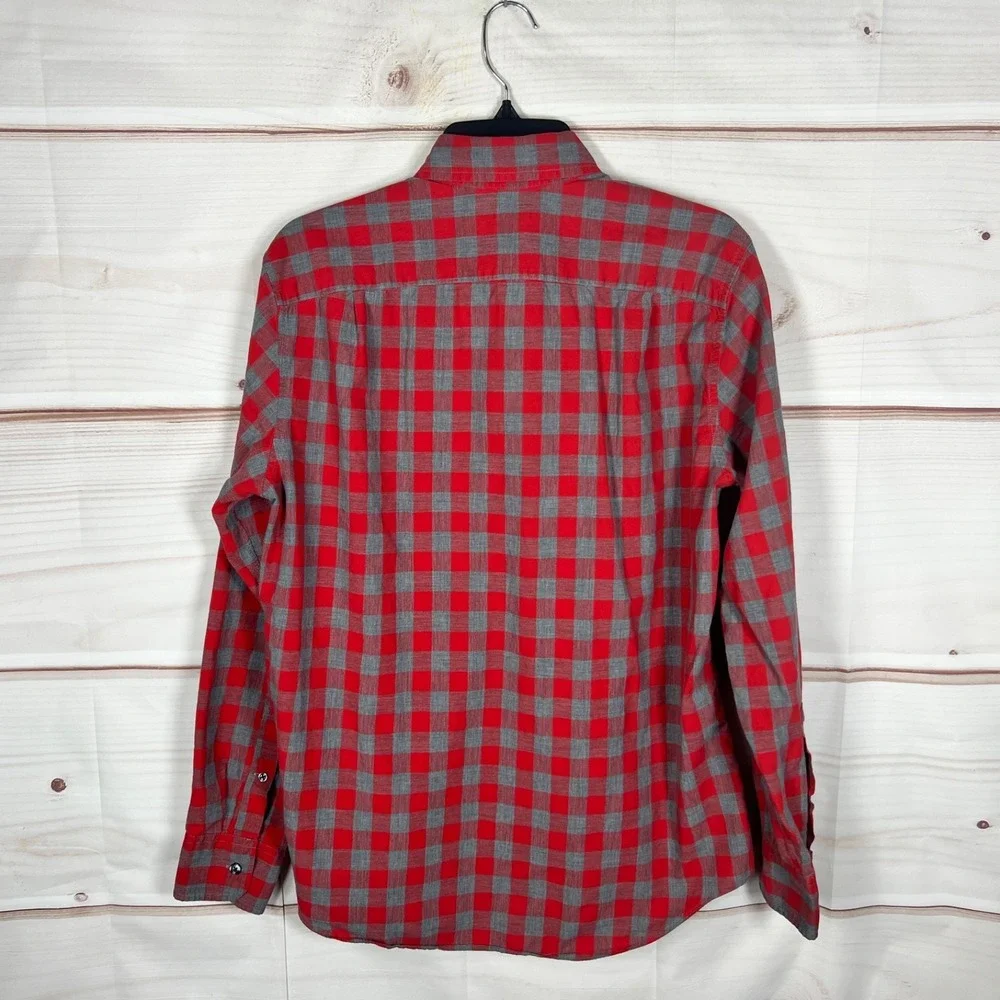 J Crew‎ Shirt Mens Medium Red Gray Check Button Up Cotton Long Sleeve Collared
